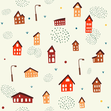 Houses in doodle style on white background and warm colours. Graphic modern minimal pattern. Doodle vector illustration. Funny textile pattern.