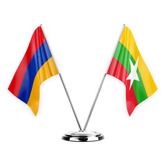 Two table flags isolated on white background 3d illustration, armenia and myanmar