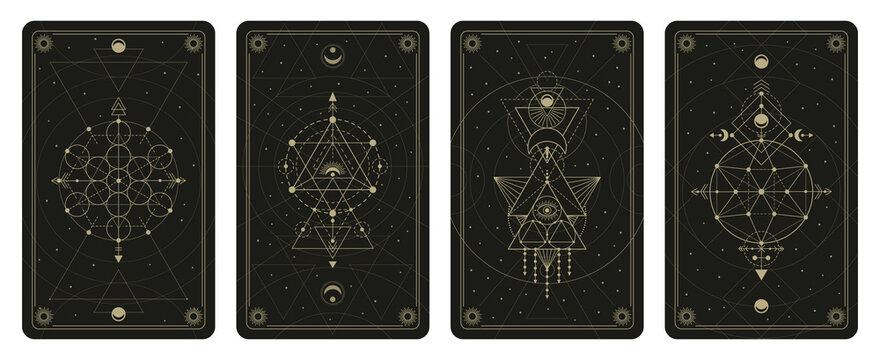 Mystic sacred geometric linear shapes tarot cards. Abstract mystical signs occult cards for magic crafts vector illustration set. Sacred geometry sacramental posters