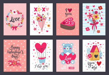 Fototapeta na wymiar Valentines day cute romantic lovely elements greeting cards. Heart shapes, gifts and flowers romantic posters vector illustration set. Happy valentines day decorations cards