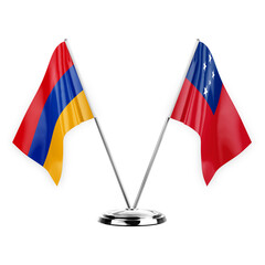 Two table flags isolated on white background 3d illustration, armenia and samoa