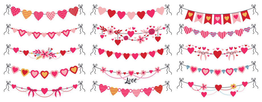 Romantic valentines day heart shaped bunting garlands. Cute hanging bunting hearts, romantic greeting heart flags vector illustration set. Valentines day decorations