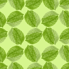 Fototapeta na wymiar Modern palm leaf seamless pattern with hand drawn foliage print. Abstract art nature background. Vector illustration for seasonal textile.