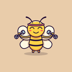 Cute bee character mascot is exercising lifting weights. Animal vector isolated. Flat cartoon style.
