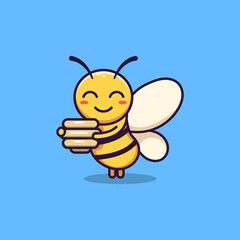 Cute bee mascot character is carrying honey with both hands. isolated animal vector. Flat cartoon style.
