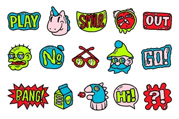 Abstract sticker. Cartoon psychedelic comic characters with funny faces, retro badges and sticker collection. Vector modern set