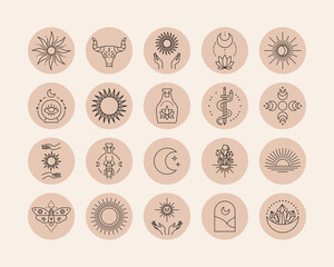Social media post cover with line abstract esoteric and mystic symbols. Vector isolated set