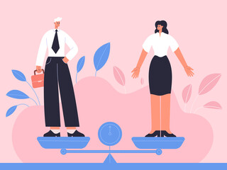 Gender career equality, male and female equal work opportunities. Equal social weigh, work opportunities scale metaphor vector illustration. Business male and female equality