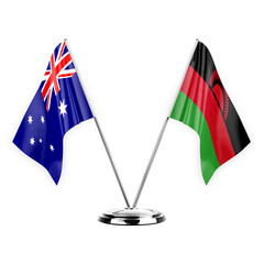 Two table flags isolated on white background 3d illustration, australia and malawi