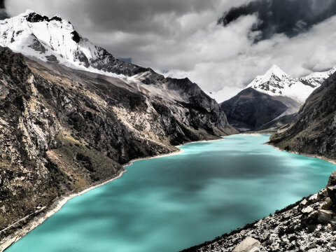 hiking in Huaraz, Laguna Paron in Andes mountains, northern Peru
