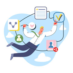 Businessman holding thread hand to connect business structureof company organization