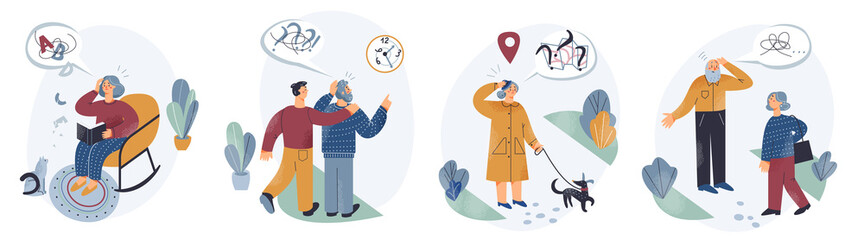 Elderly people with dementia disease set, elder woman and man suffering from memory loss