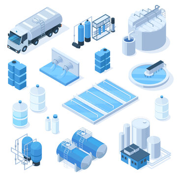 Isometric 3d water purification industrial system technology facilities. Industrial water tanks, pumping station vector illustration set. Industrial water facilities