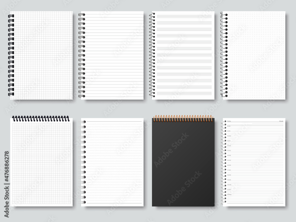 Poster realistic notepapers, spiral binding notebook, sketchbook or calendar. open and closed diary, organi