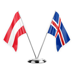 Two table flags isolated on white background 3d illustration, austria and iceland