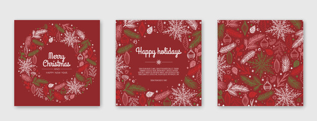 Set of Christmas and New Year greeting card. Background with Christmas tree and decor. Holiday design for greeting card, invitation, cover, calendar, etc.