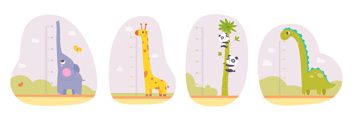 Kids height meter in inches for kindergarten or home with cute tall animals in landscape set - obrazy, fototapety, plakaty