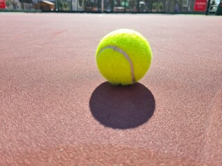 Tennis ball on the sunny red hard 