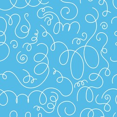 Fototapeta na wymiar Seamless abstract pattern on blue background. Vector doodle image. Graphic linear wallpaper.