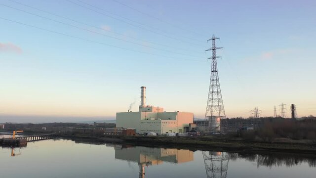 Power station producing energy on the banks of the River Foyle near Derry, Northern Ireland