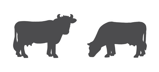 Set of cows. Black silhouette of a cow isolated on white background. Farm animal.