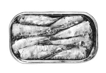 Ilustración de lata de sardinas. Dibujo en blanco y negro - obrazy, fototapety, plakaty
