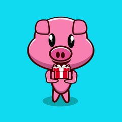 pig cute character or mascot with the gift
