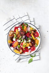 Vegetable salad. Panzanella traditional food of Italy with colorful tomatoes and bread	