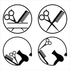 hair stylist symbol, hairdresser logo, silhouettes of hair dryer, scissors and combs 