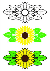 Yellow sunflower with green leaves flat illustration and outline drawing of sunflower by line, set of sunflower flowers with vines 