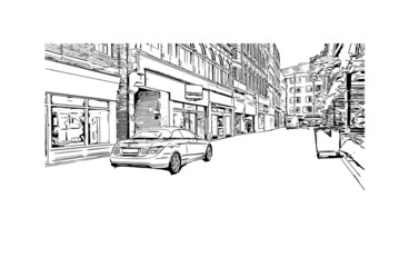 Building view with landmark of Leicester is the 
city in England. Hand drawn sketch illustration in vector.