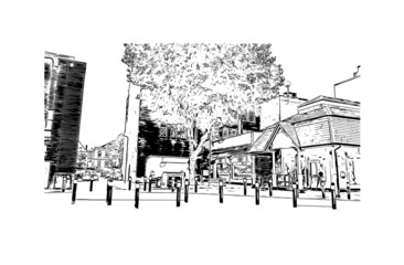 Building view with landmark of Leicester is the 
city in England. Hand drawn sketch illustration in vector.