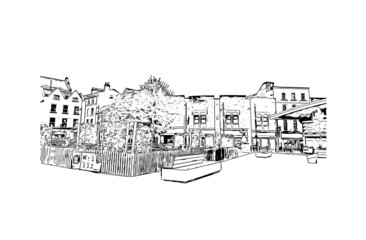 Building view with landmark of Leicester is the 
city in England. Hand drawn sketch illustration in vector.