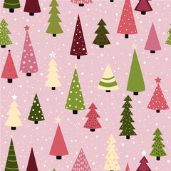 Christmas trees with snow on pink background seamless pattern