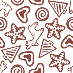 Seamless vector pattern with cute hand drawn various gingerbread cookies. Symbols of Christmas in flat design. Sweet background for packaging, wrapping paper, card, gift, fabric, textile, wallpaper.