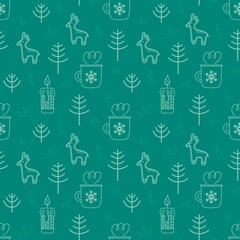 Seamless vector pattern with cute hand drawn Nordic winter hygge doodle elements. Trendy outline Scandi background for wrapping paper, card, gift, fabric, textile, wallpaper, packaging.