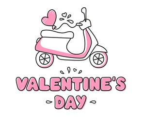 Calligraphic inscription happy Valentines Day with a moped, highlighted on a white background. Use on Valentines Day on textiles, wrapping paper, backgrounds, souvenirs. Vector illustration