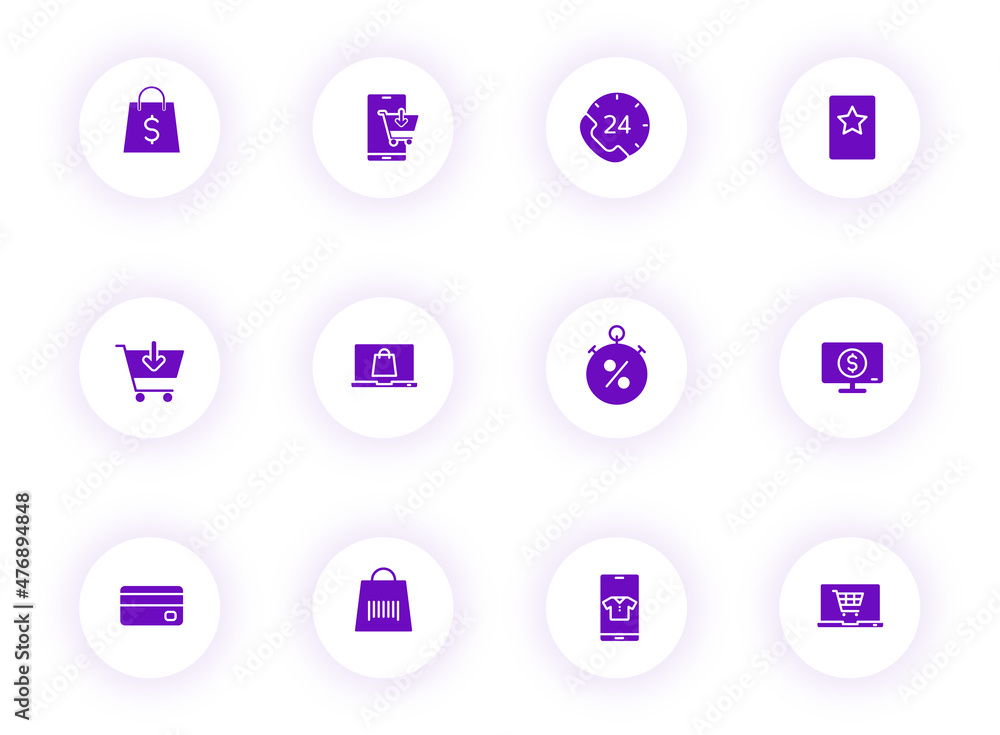 Poster e shopping purple color vector icons on light round buttons with purple shadow. e shopping icon set 