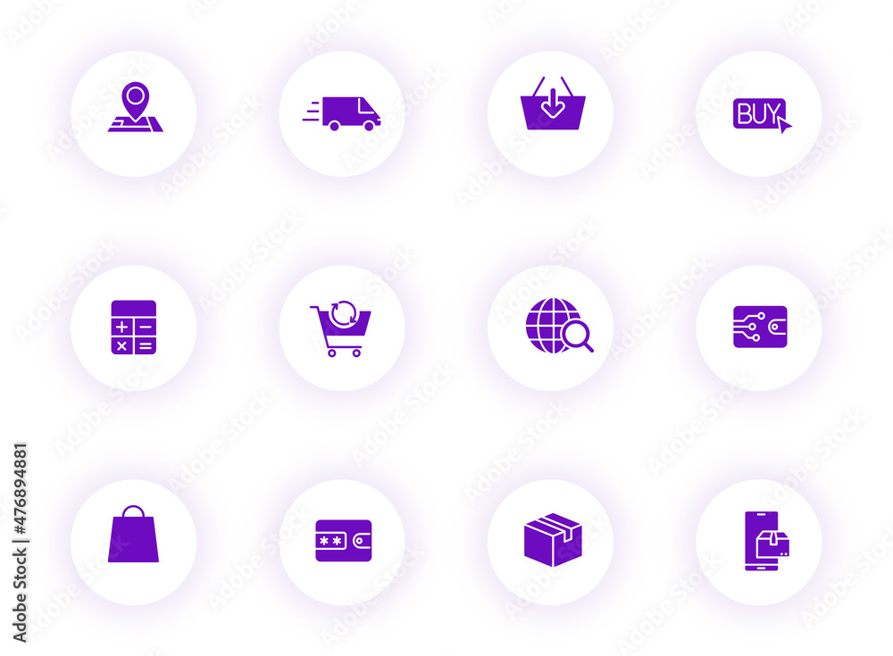 Poster e shopping purple color vector icons on light round buttons with purple shadow. e shopping icon set 