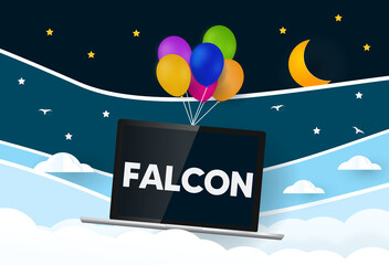 Falcon programming language... Balloons carries laptop with word Falcon 