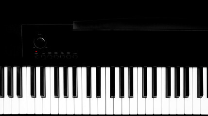 Electric piano keyboard black and white art top view.