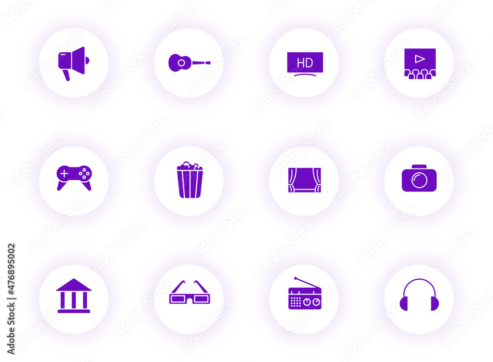 Poster entertainment purple color vector icons on light round buttons with purple shadow. entertainment ico