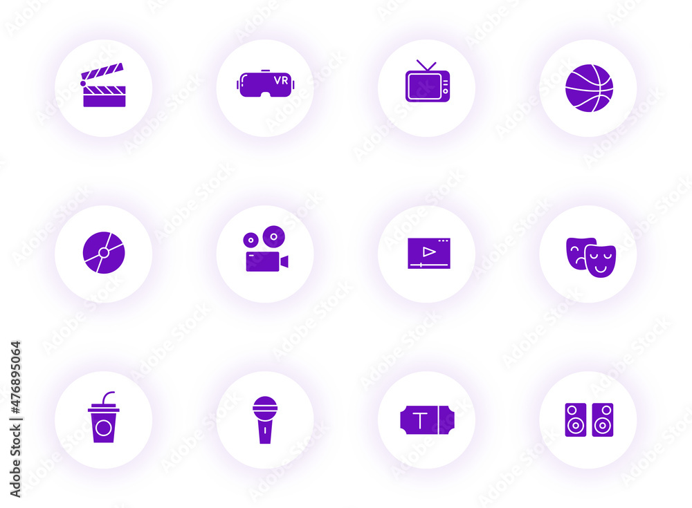 Poster entertainment purple color vector icons on light round buttons with purple shadow. entertainment ico