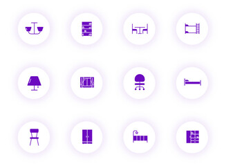 furniture purple color vector icons on light round buttons with purple shadow. furniture icon set for web, mobile apps, ui design and print