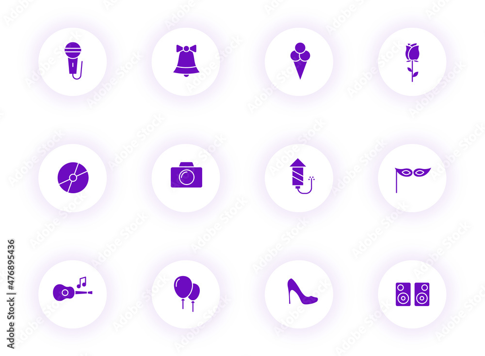 Poster party purple color vector icons on light round buttons with purple shadow. party icon set for web, m