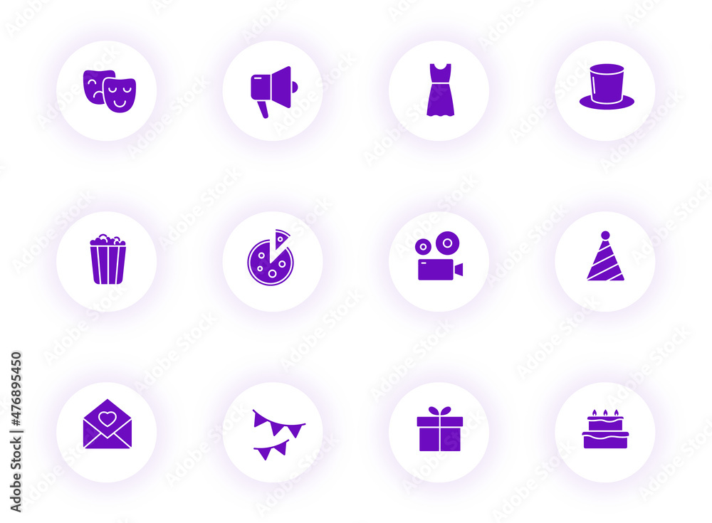Poster party purple color vector icons on light round buttons with purple shadow. party icon set for web, m