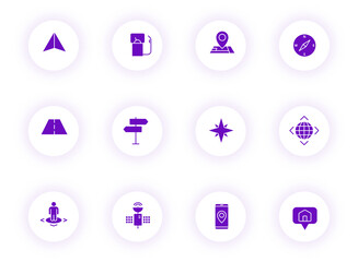 navigation purple color vector icons on light round buttons with purple shadow. navigation icon set for web, mobile apps, ui design and print