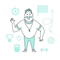 People in the office_fitness trainer with a mustache and sports equipment_ball-kettlebell-stopwatch-dumbbell-jump rope_line_flat © Liudmyla Taranenko