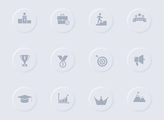 success gray vector icons on round rubber buttons. success icon set for web, mobile apps, ui design and promo business polygraphy