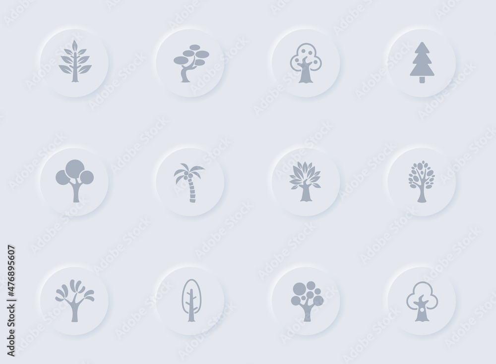 Poster trees gray vector icons on round rubber buttons. trees icon set for web, mobile apps, ui design and 